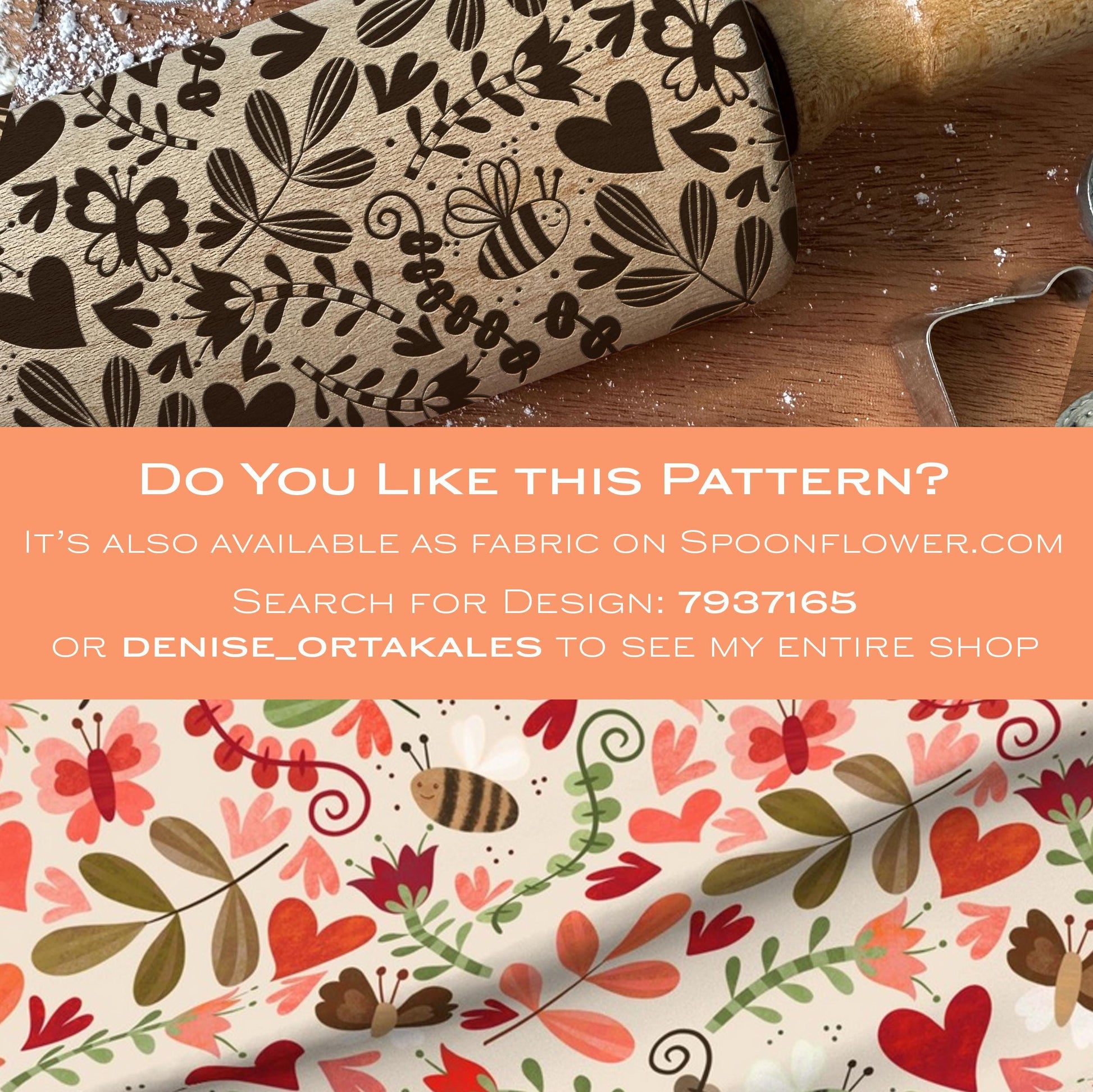 Patterned fabric with floral and bee design on a wooden surface, promotional text overlay.