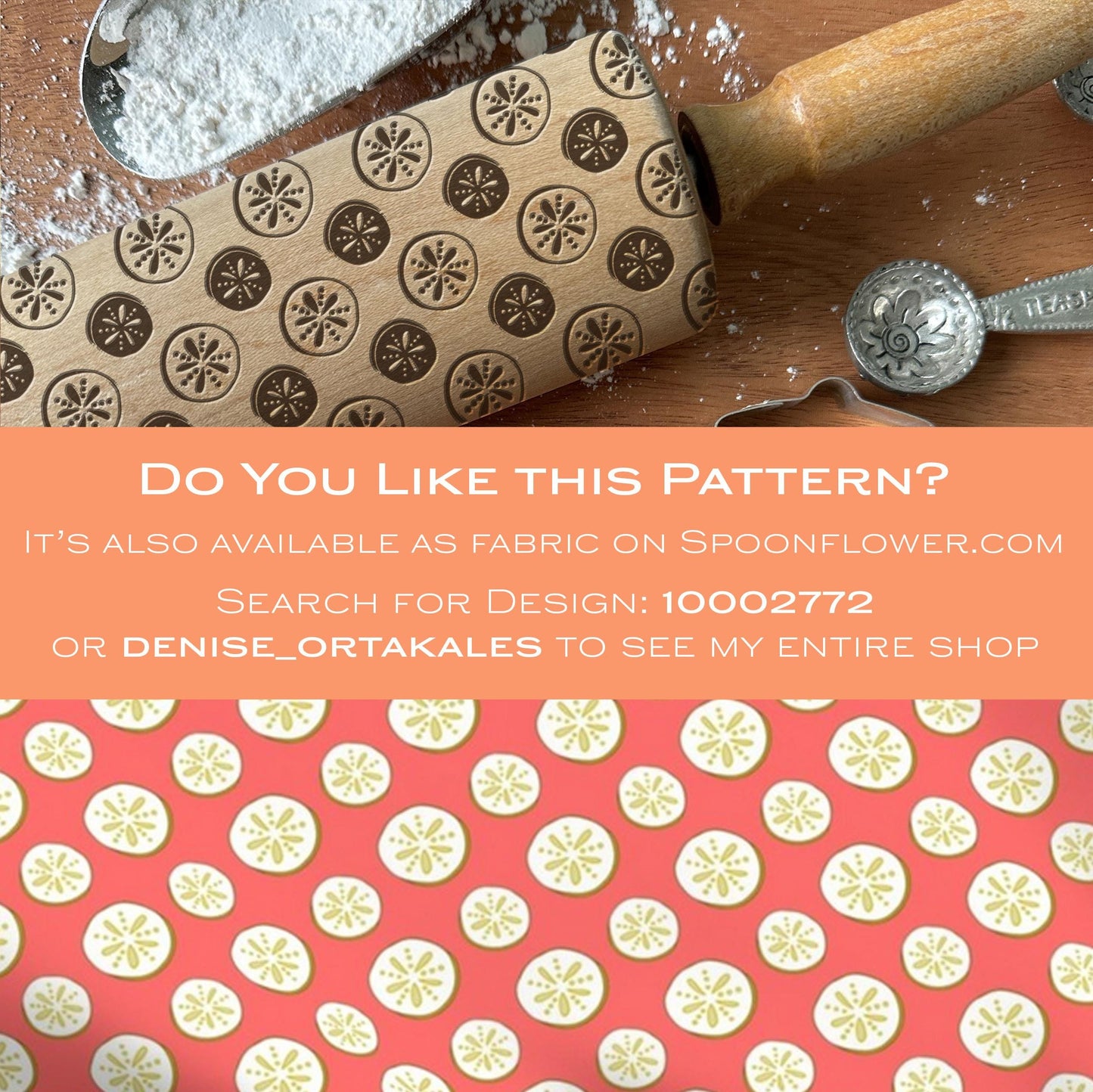Rolling pin with embossed pattern and text overlay on Spoonflower.com