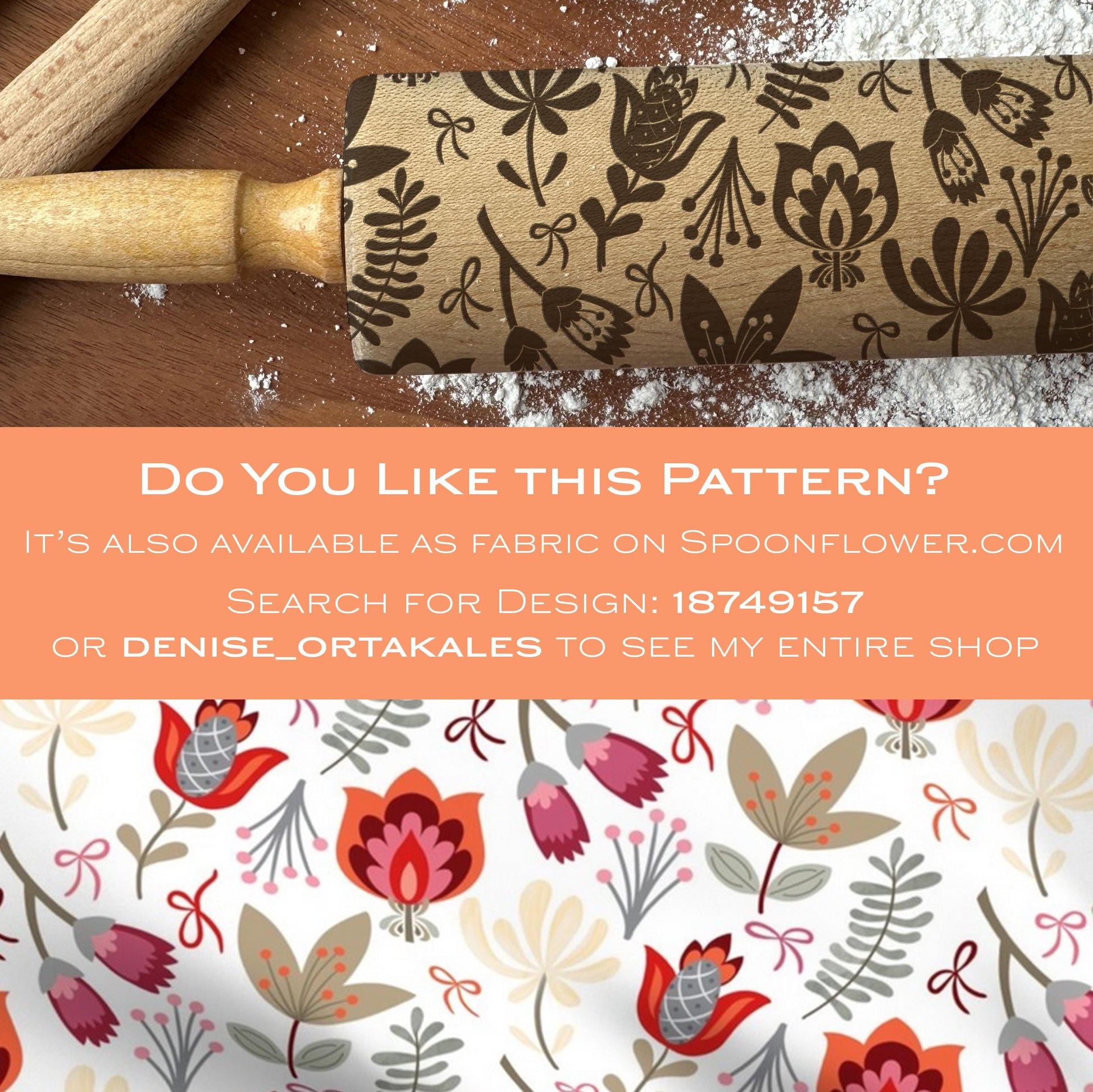 Rolling pin with floral pattern on a wooden surface, promotional text overlay.