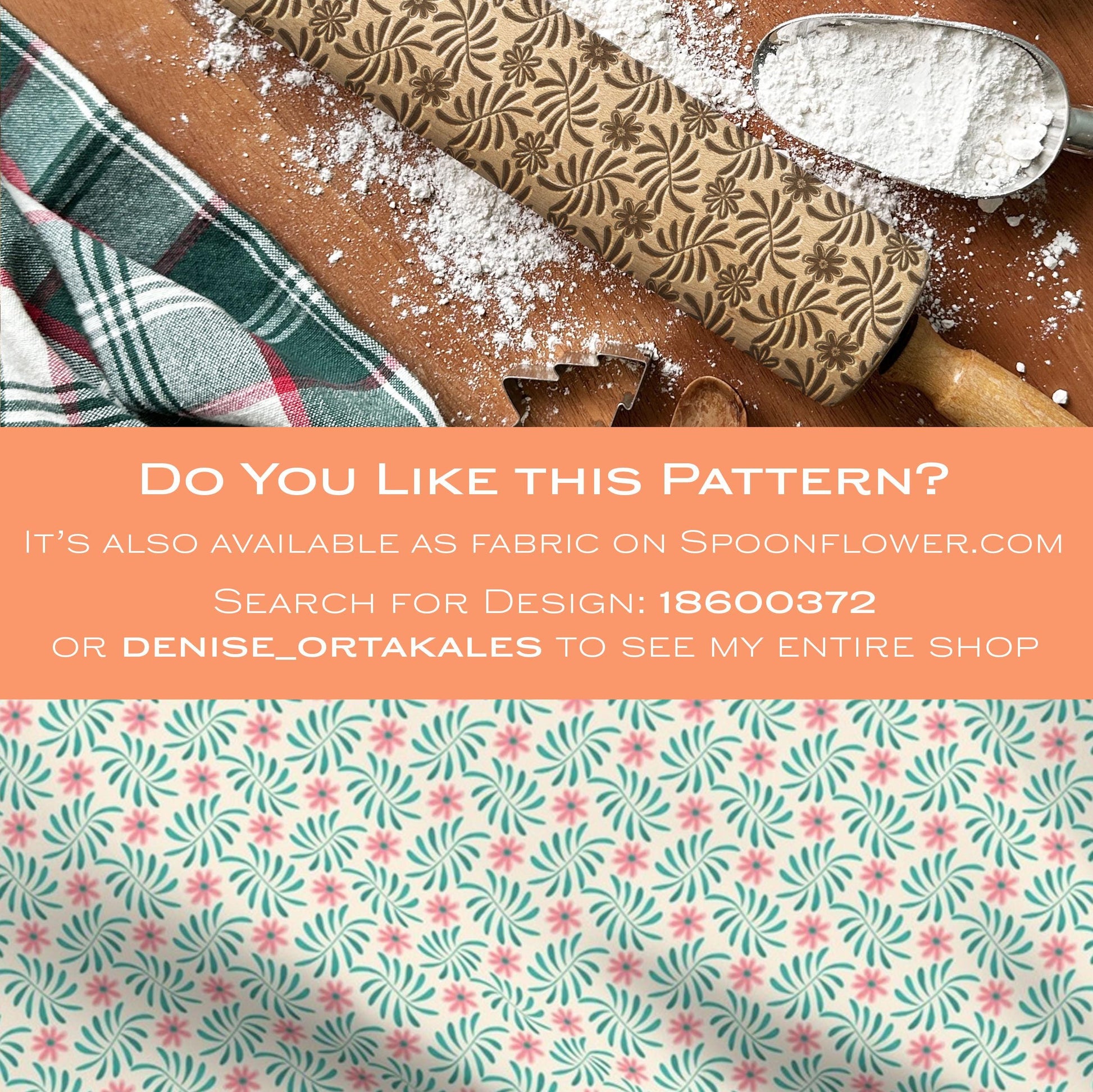 Patterned rolling pin on a wooden surface with text overlay about Spoonflower fabric design.