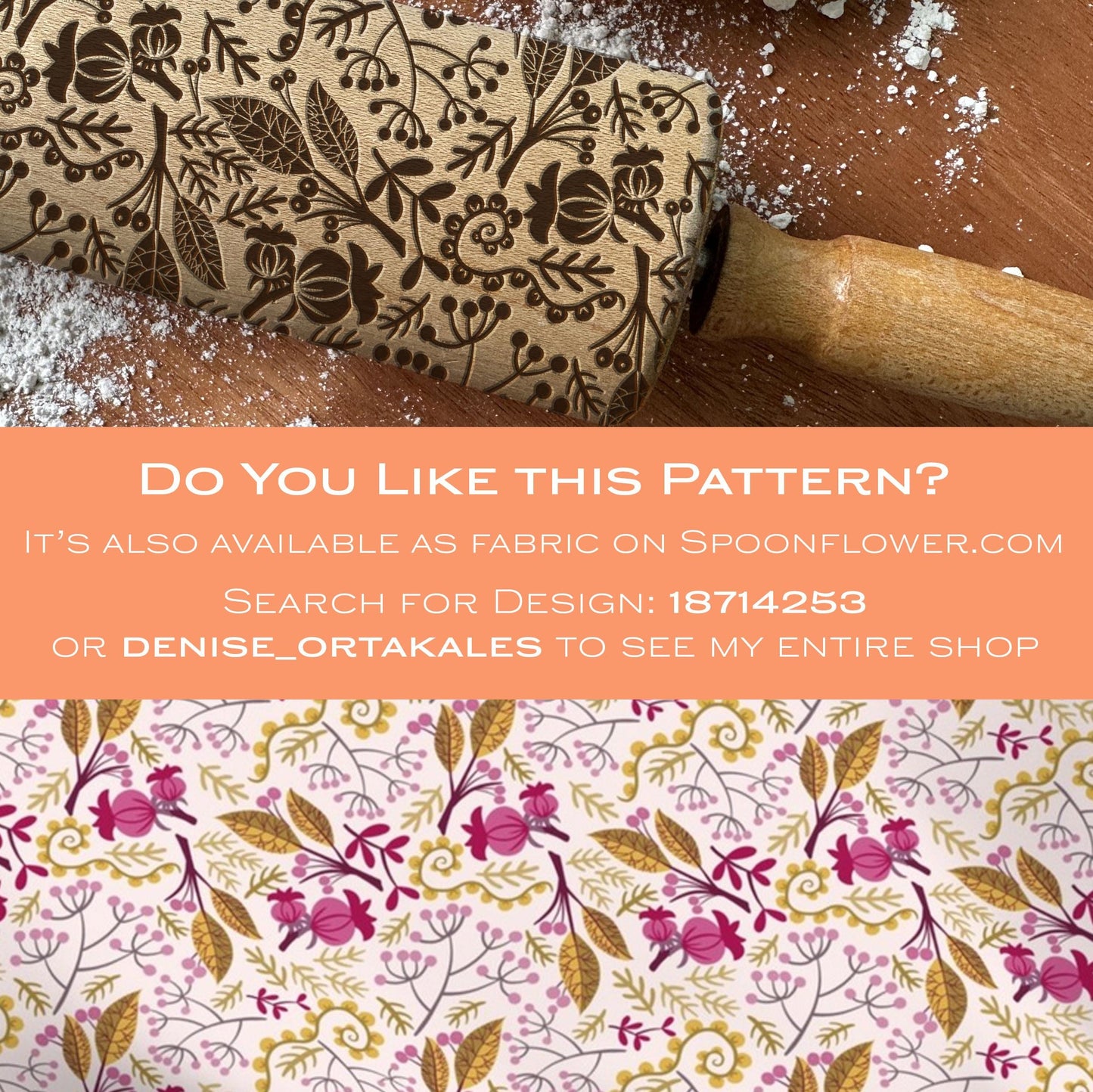 Wooden rolling pin with floral pattern on a wooden surface, promotional text overlay.
