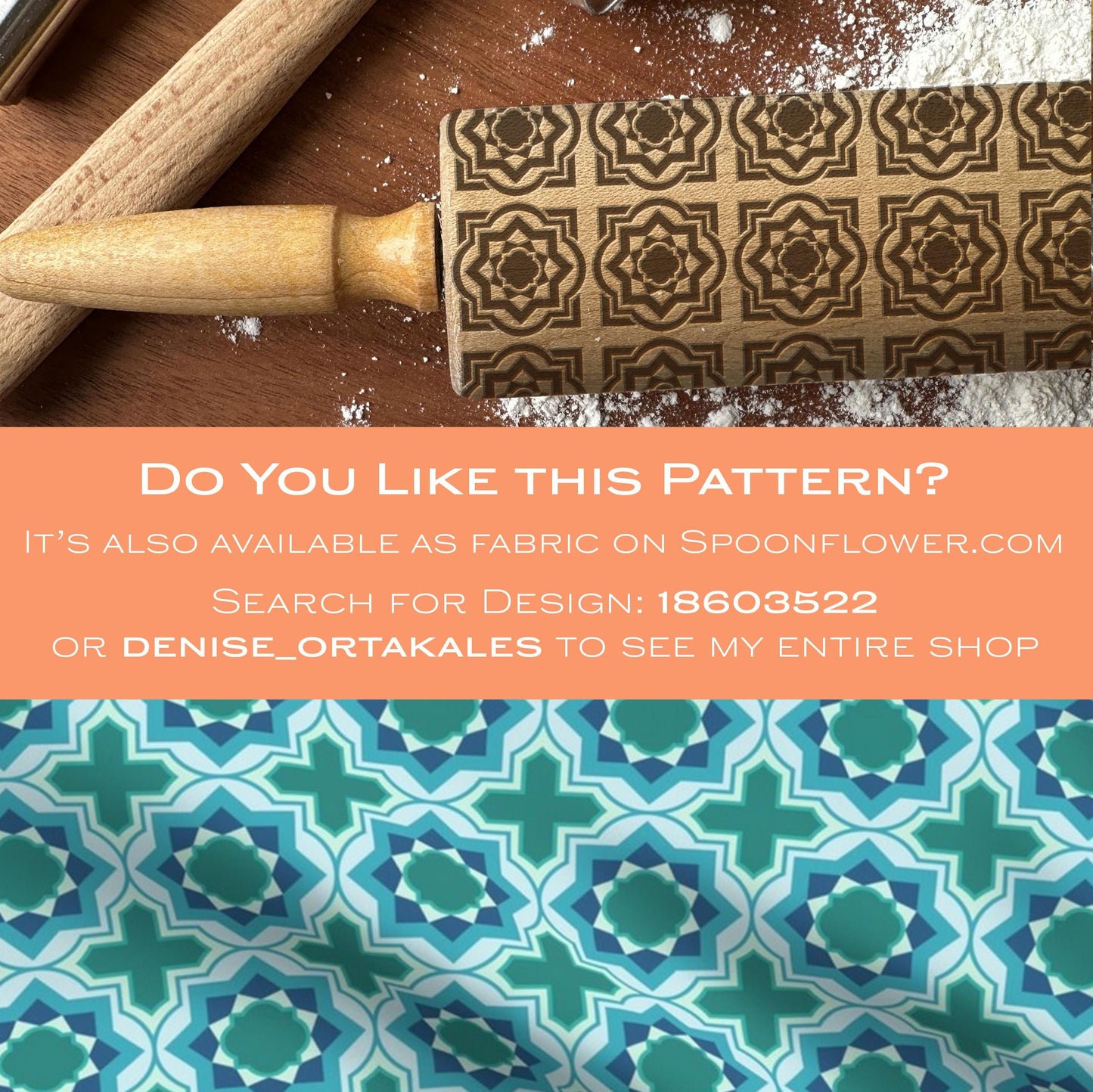 Wooden rolling pin with patterned design on a wooden surface with flour, and fabric with similar pattern below.