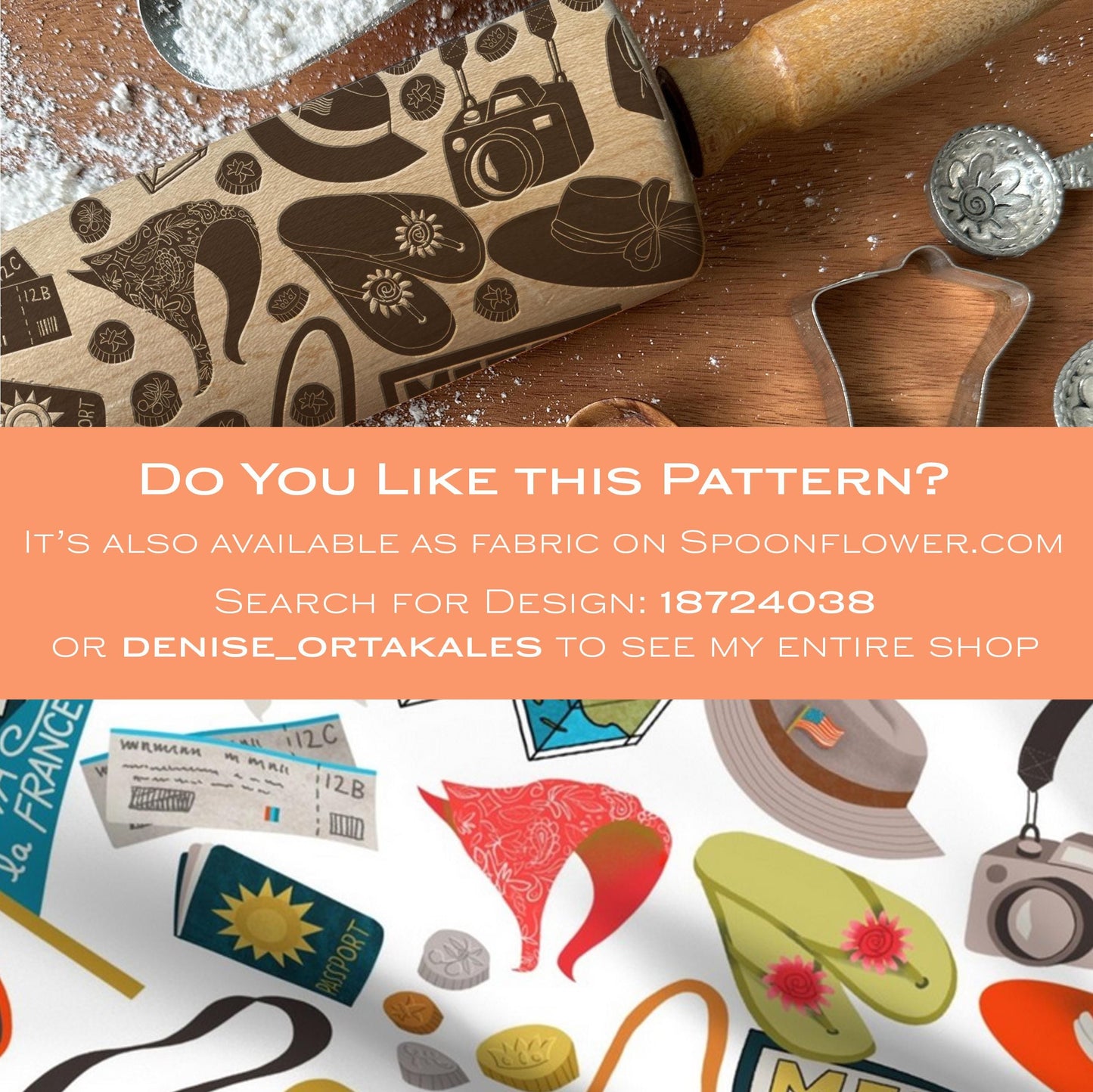Wooden cookie cutter with pattern on a wooden surface, surrounded by cookie cutters and flour.