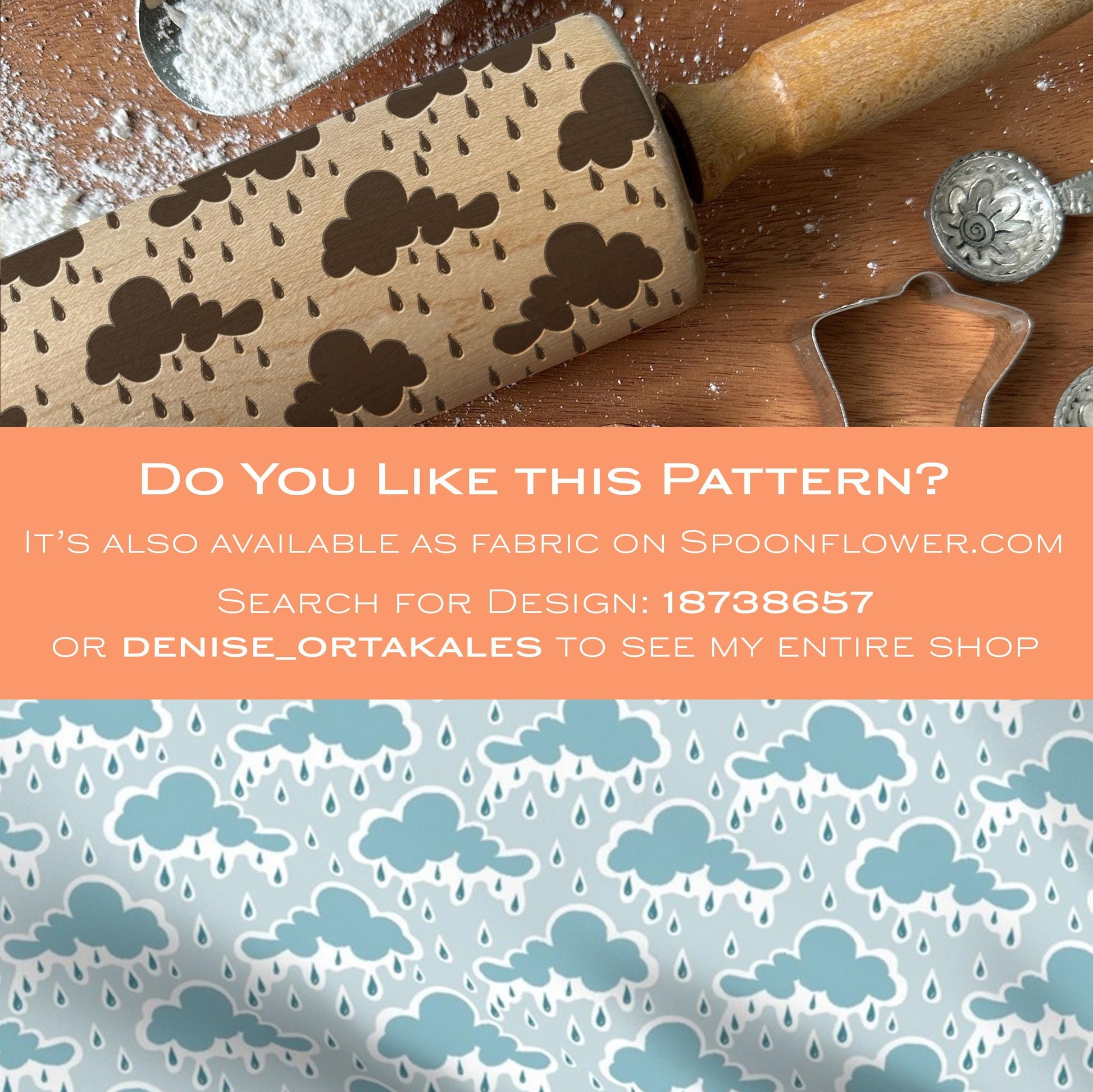Rolling pin with cloud pattern on a wooden surface, accompanied by promotional text for Spoonflower fabric design.
