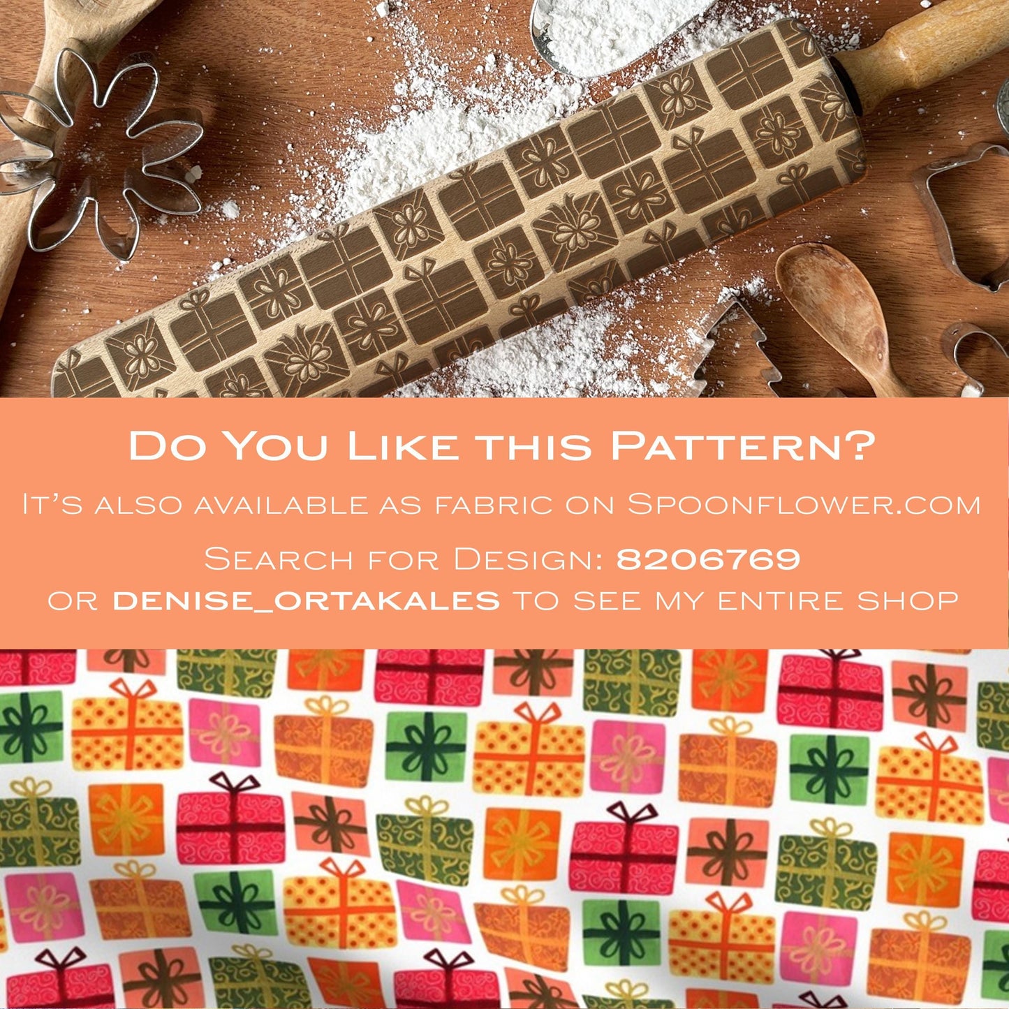 Patterned rolling pin on a wooden surface with text overlay about Spoonflower.com