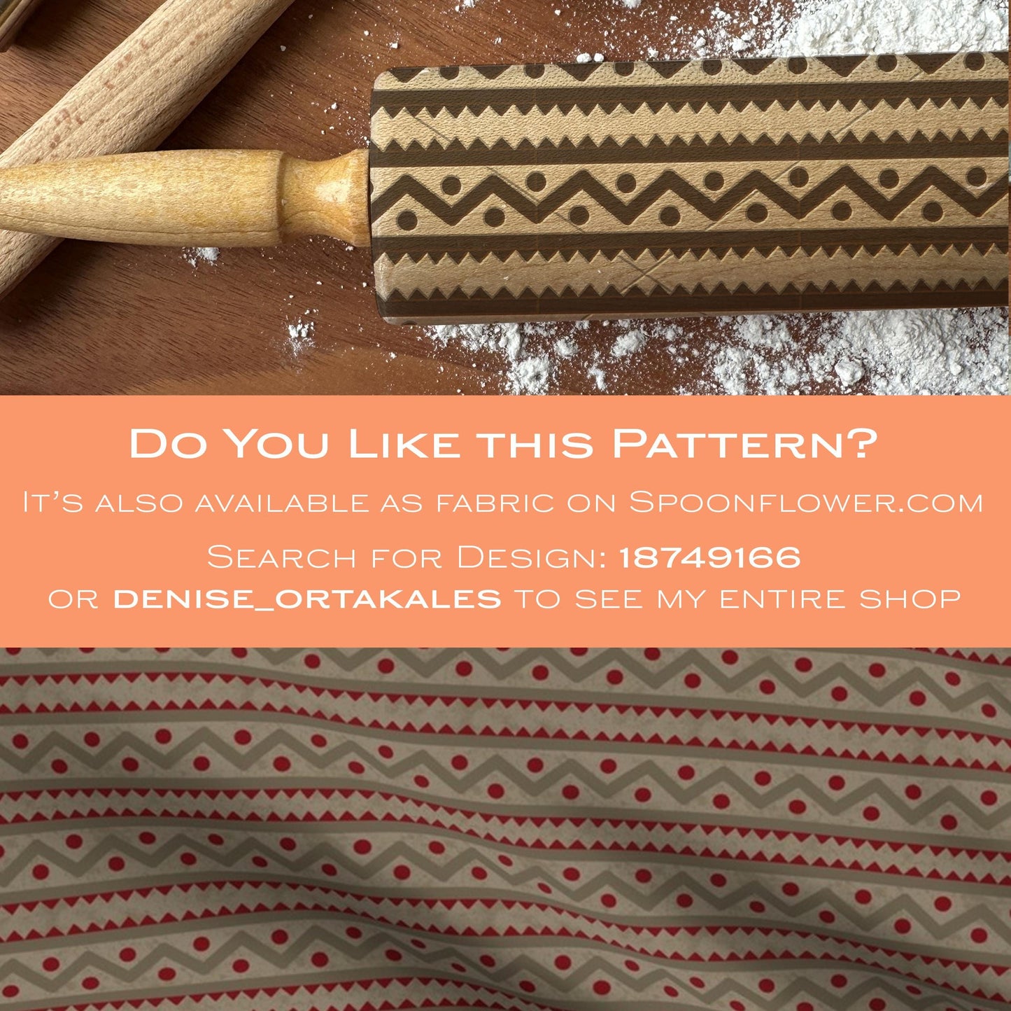 Patterned rolling pin on a wooden surface with text overlay about Spoonflower fabric design.