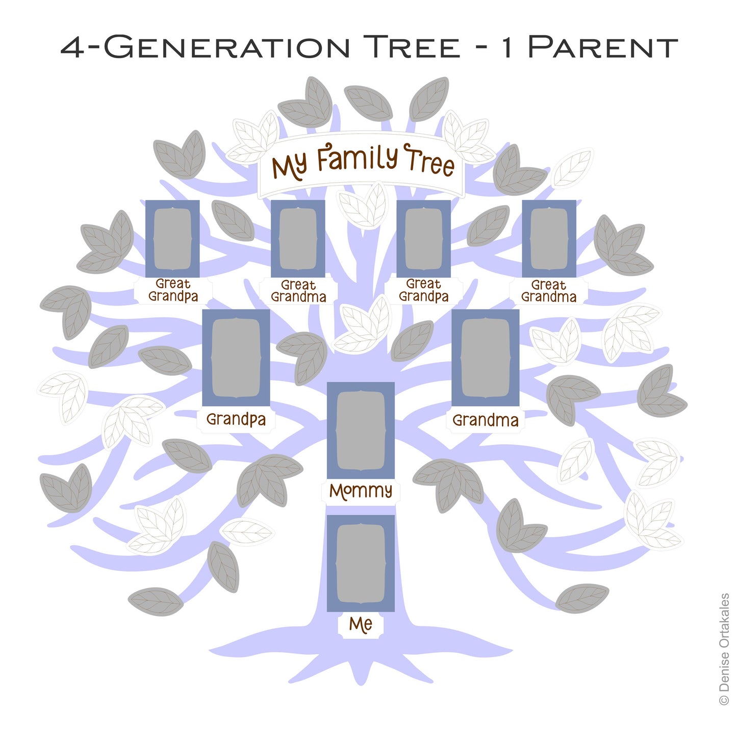 4-generation family tree with one parent on a white background