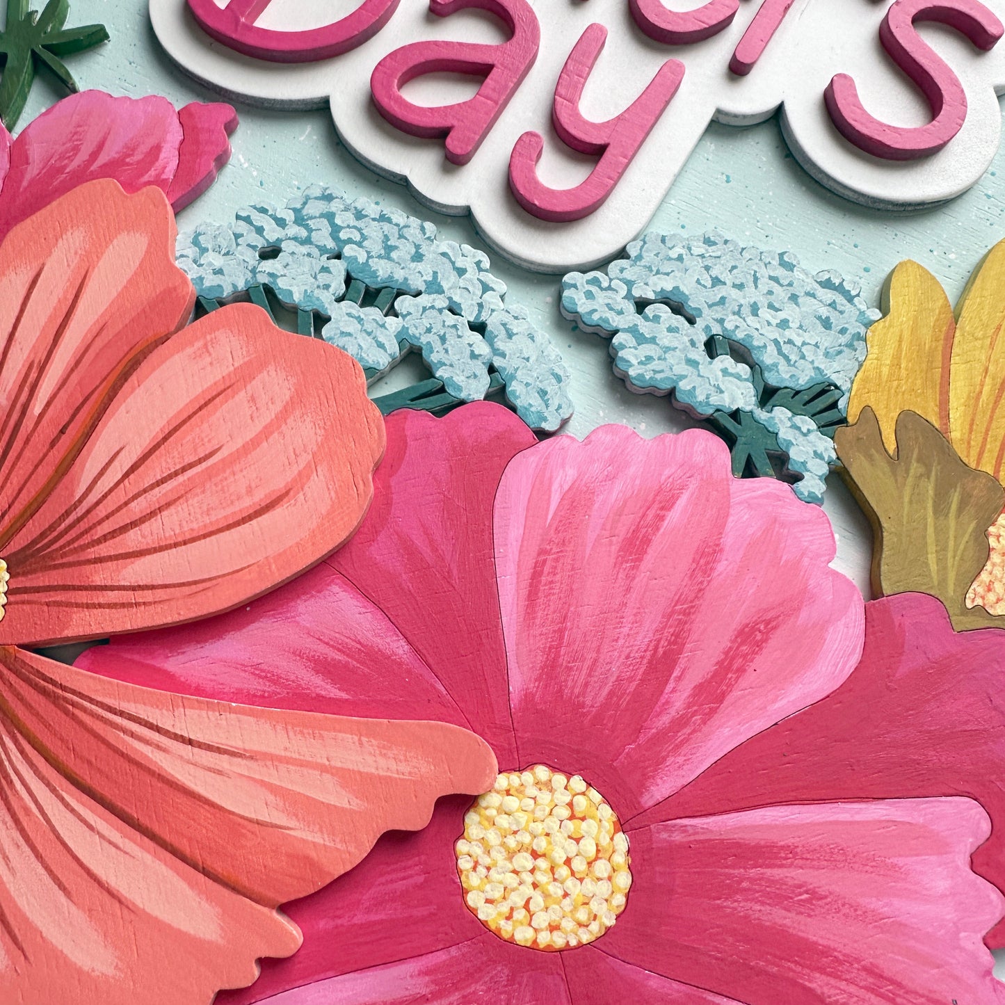 Card with pink flowers and 'Mother's Day' text on a light blue background