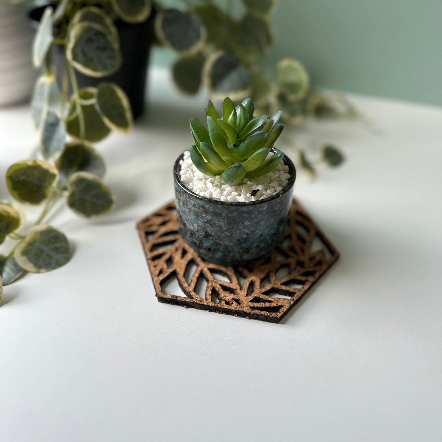 A plant on a decorative trivet with a leaf design and a photo frame in the background