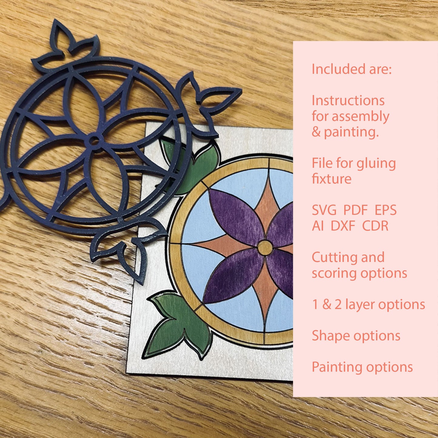 Decorative coaster with a colorful design on a wooden surface, accompanied by text about included resources.