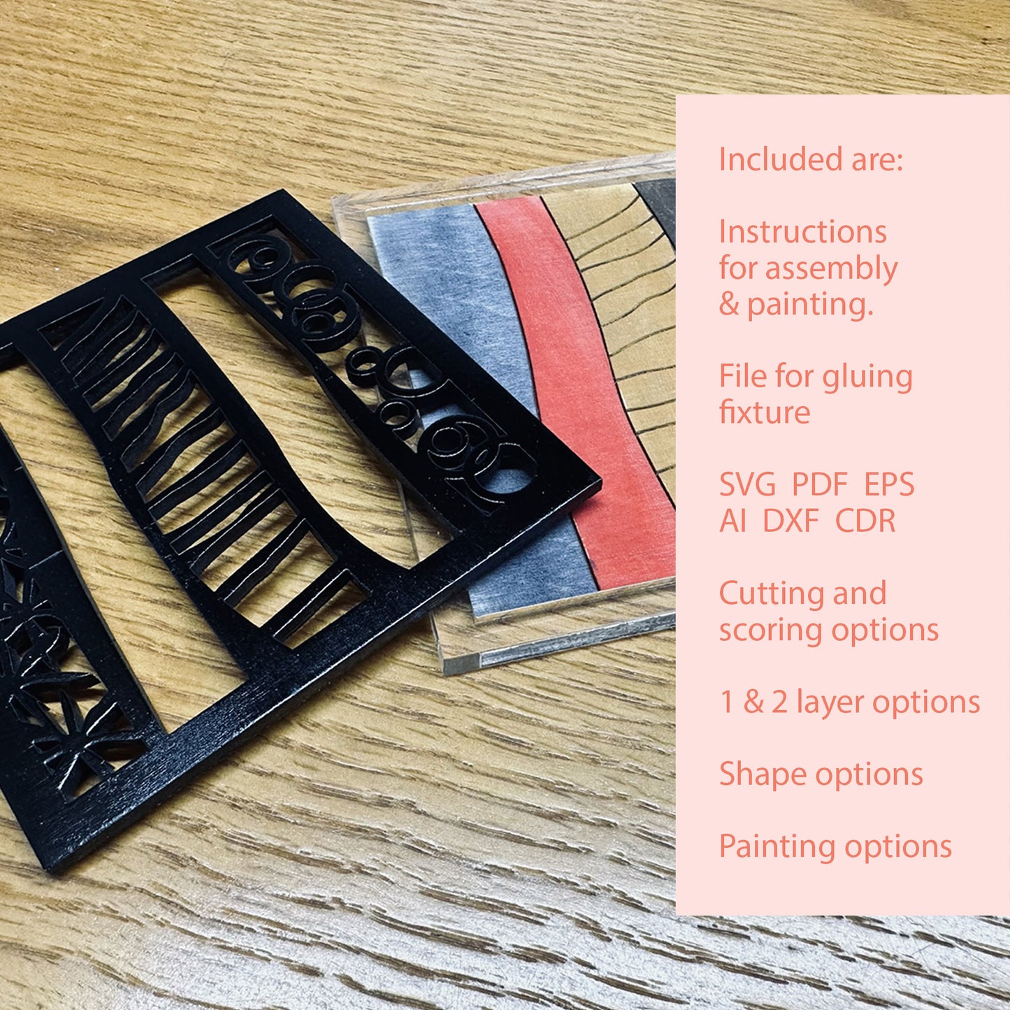 Black wooden decorative coaster on a wooden surface with text about included files and options.