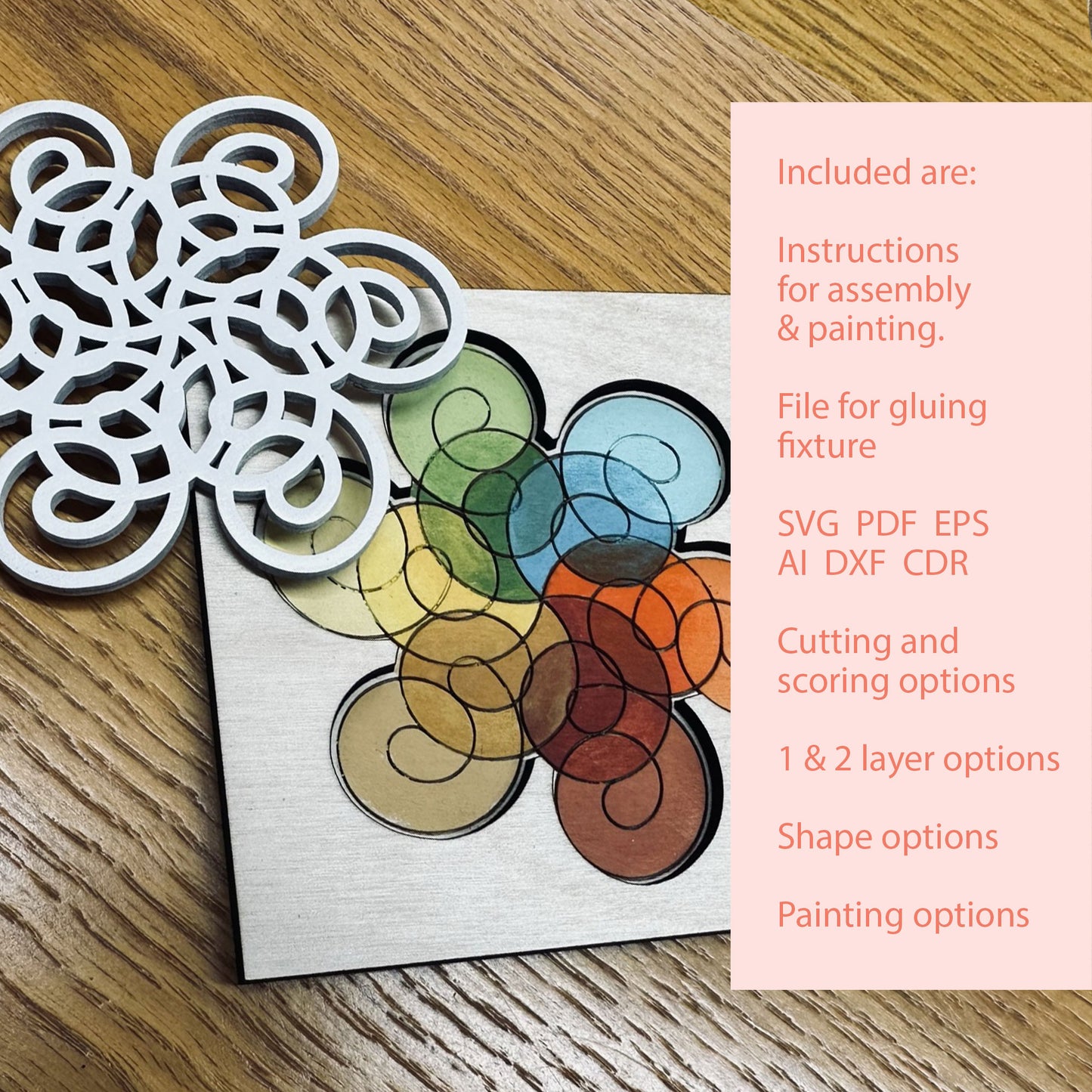 Colorful coaster with assembly and painting instructions on a wooden surface