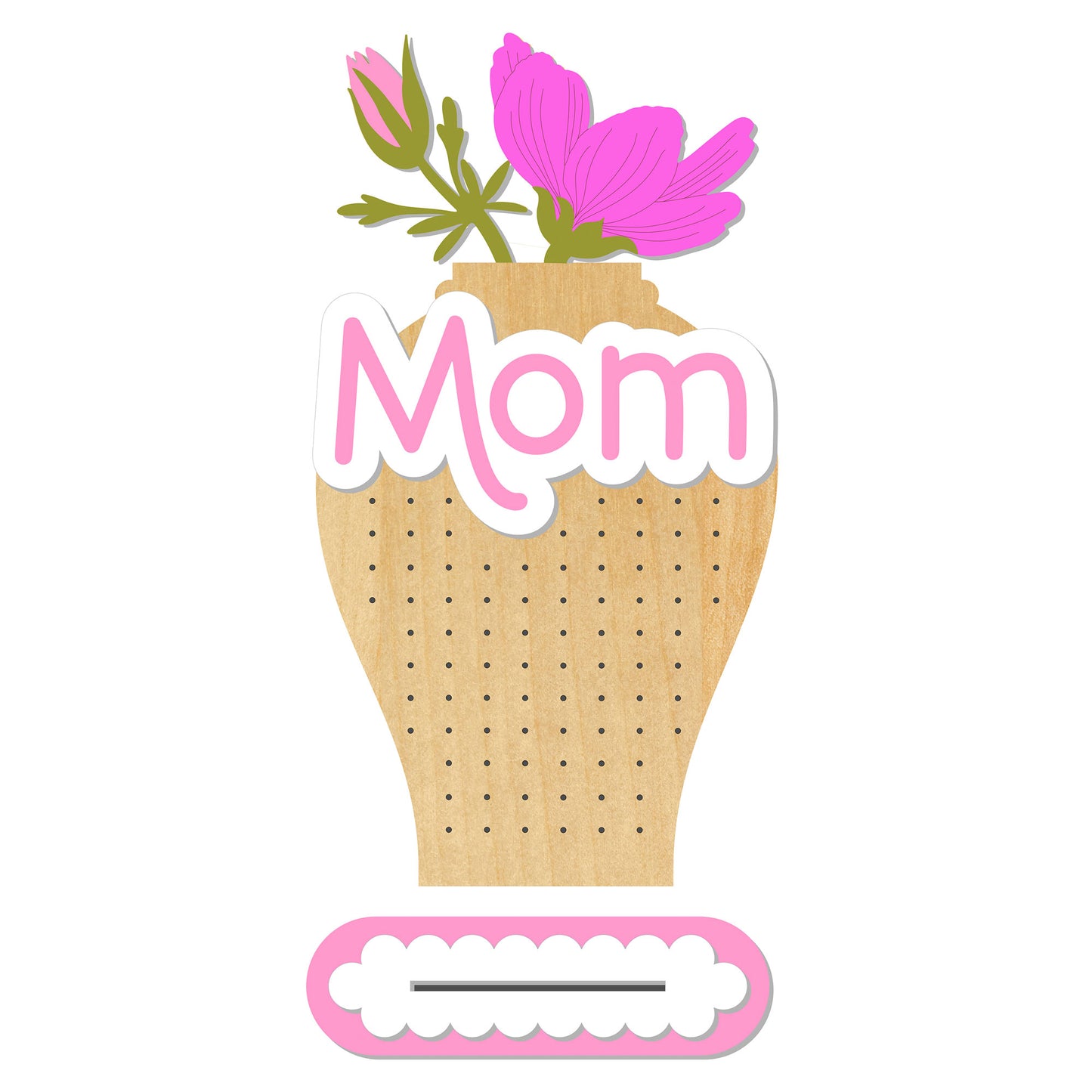 Decorative earring stand with floral design and 'Mom' text, used as a gift tag.