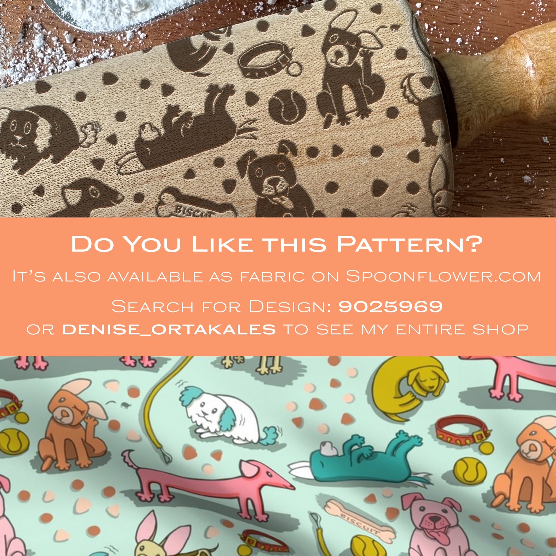 Fabric with dog pattern on a wooden surface, promotional text overlay.