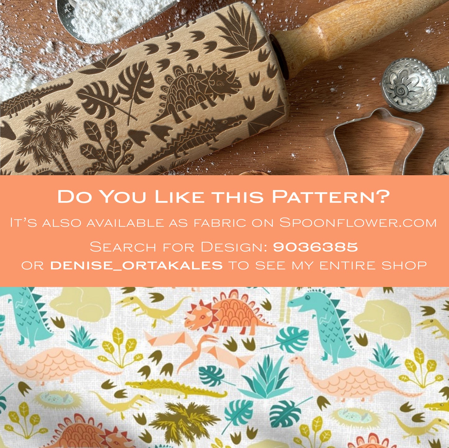 Wooden rolling pin with embossed pattern on a wooden surface, next to fabric with dinosaur pattern.