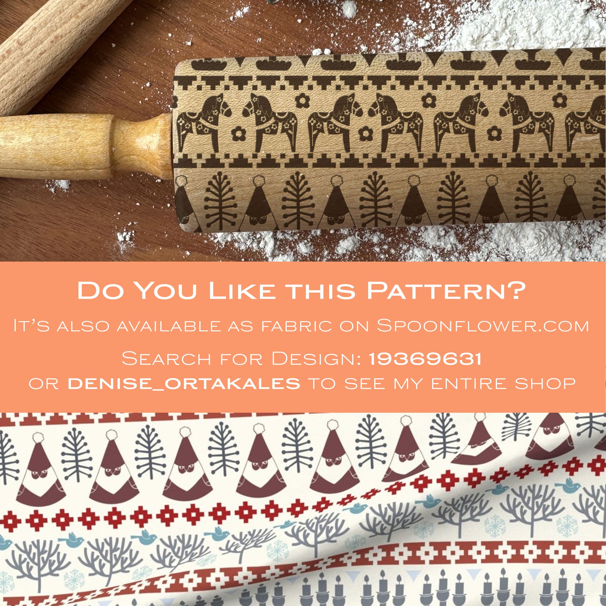 Wooden rolling pin with embossed pattern on a wooden surface with flour.