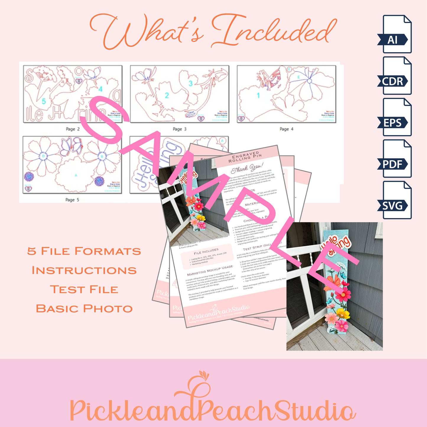 Promotional image of PickleandPeachStudio product with file formats and sample images.
