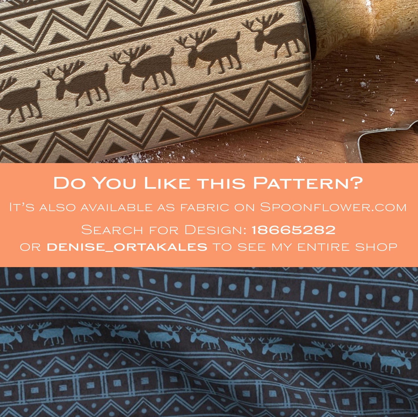 Patterned fabric with reindeer design on a wooden surface, promotional text overlay.