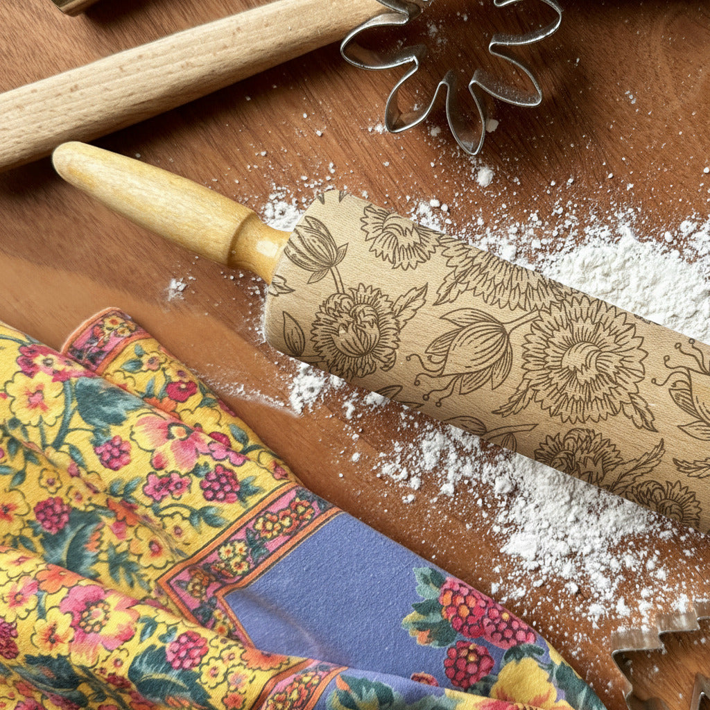 Decorative rolling pin with floral patterns on a wooden surface with flour, surrounded by kitchen tools.