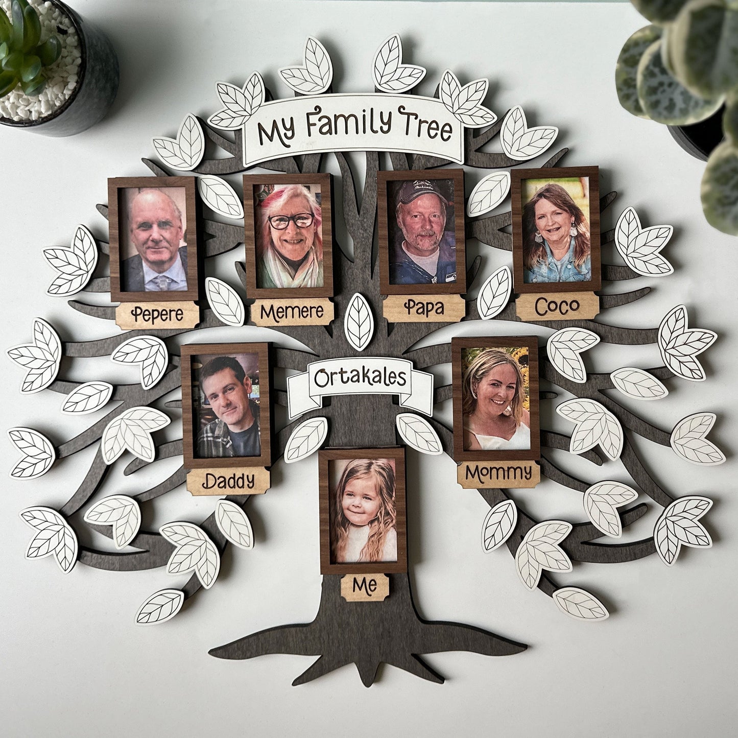 Family tree wall decoration with family photos on a white background