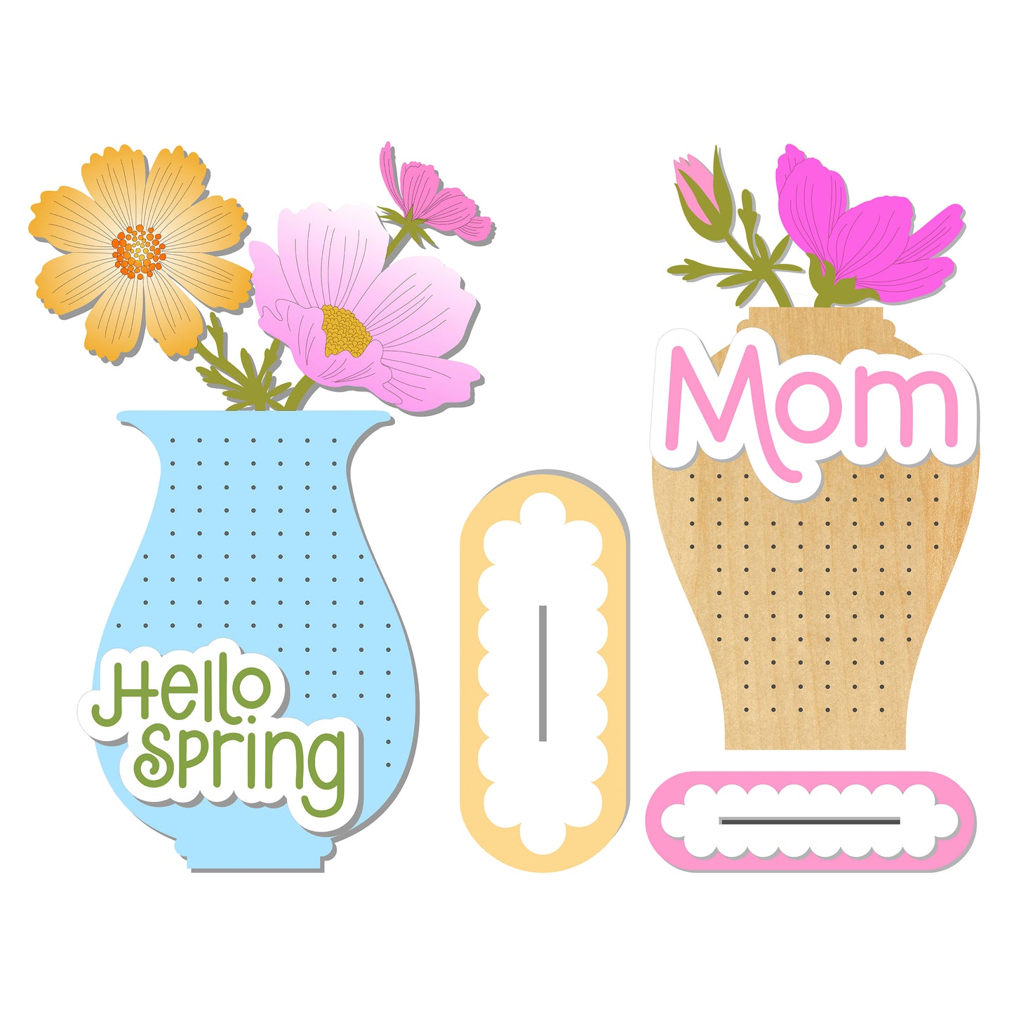 Decorative laser-cut files for earring stands  with floral designs and text on a white background